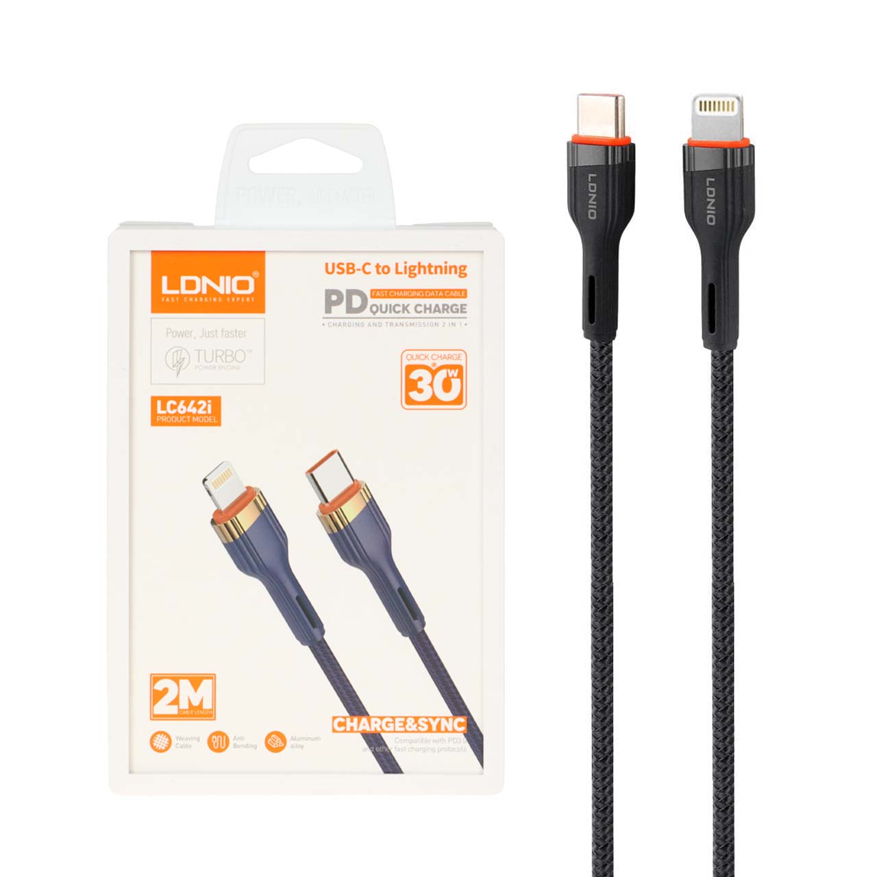 کابل شارژ PD و فست 2 متری LDNIO Type-C To Lightning مدل LC642i 30W - مشکی